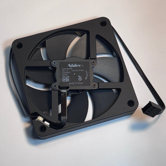Black computer fan on a light gray background