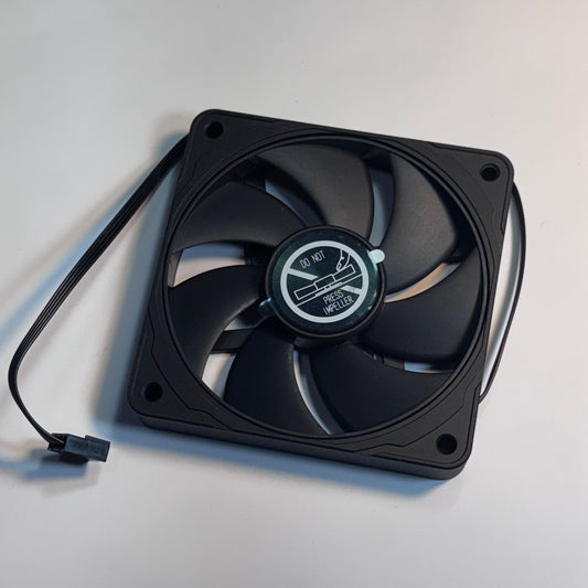 Black computer fan on a light gray background